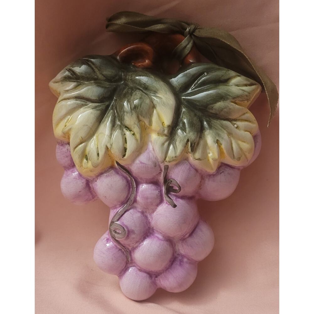 Vintage Ceramic Purple Grape Green Leaves Kitchen Wall Hanging Decor